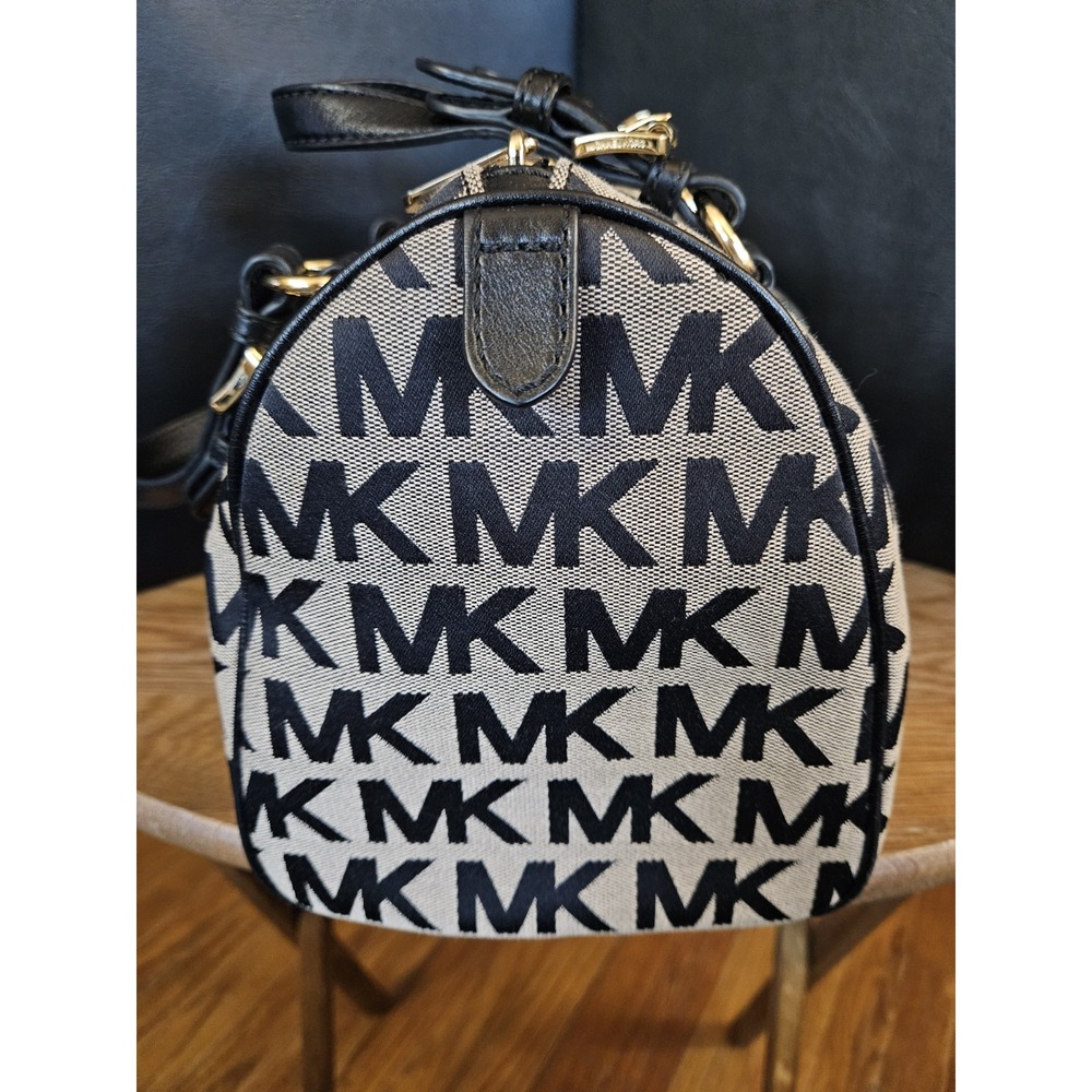 Michael Kors MK Signature Jacquard Satchel Black Beige Gold Hardware Handbag - Picture 6 of 9